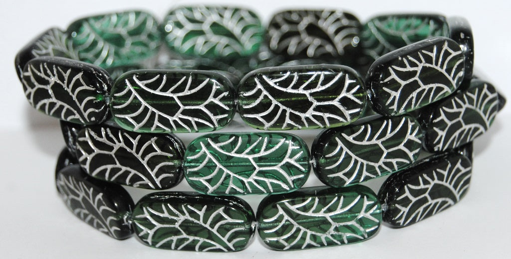 Rectangle With Ornament Pressed Glass Beads, Green Mixed Colors 54201 (Green Mix 54201), Glass, Czech Republic