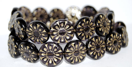 Flat Round With Flower Pressed Glass Beads, Transparent Light Amethyst 54202 (20310 54202), Glass, Czech Republic