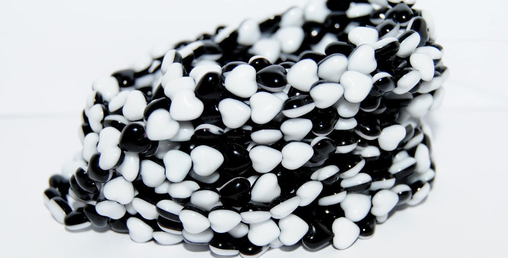 Heart Pressed Glass Beads, Black Chalk White Fiftyfifty (23980 3000 Fiftyfifty), Glass, Czech Republic