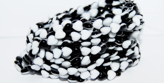 Heart Pressed Glass Beads, Black Chalk White Fiftyfifty (23980 3000 Fiftyfifty), Glass, Czech Republic
