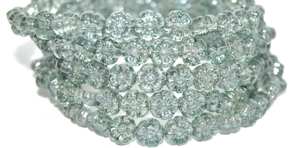 Hawaii Flower Pressed Glass Beads, Crystal Luster Green Full Coated (30 14459), Glass, Czech Republic