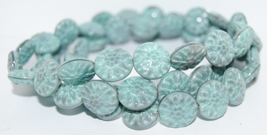 Round Flower Edelweiss Pressed Glass Beads, 47514 (47514), Glass, Czech Republic