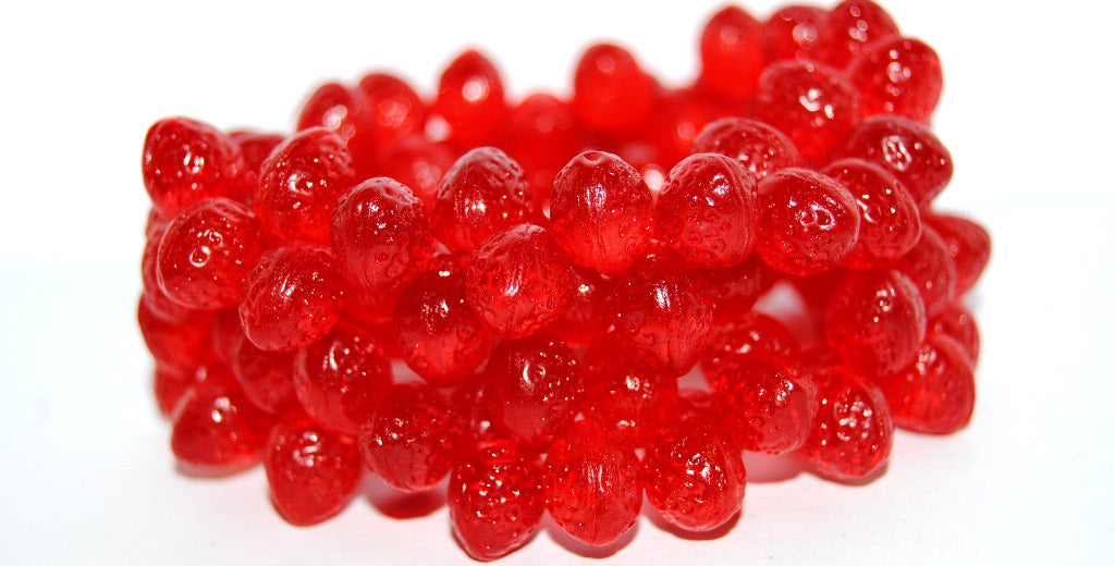Strawberry Friut Pressed Glass Beads, Transparent Red (90060), Glass, Czech Republic