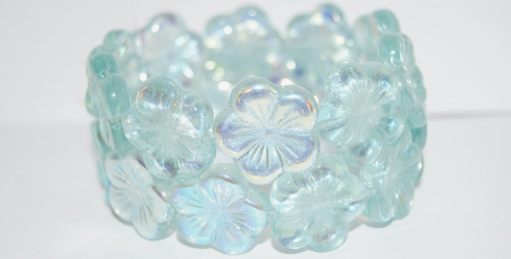 Round Flower Hibiskus Pressed Glass Beads, Transparent Aqua Ab (60010 Ab), Glass, Czech Republic