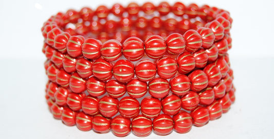 Melon Round Pressed Glass Beads With Stripes, Red 54202 (93190 54202), Glass, Czech Republic