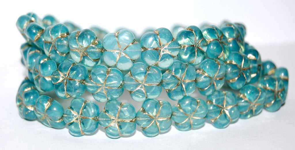 5-Petal Flower Pressed Glass Beads, Opal Aqua 54202 (61000 54202), Glass, Czech Republic