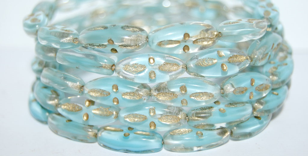 Boat Oval Pressed Glass Beads With Decor, (66018 54202), Glass, Czech Republic