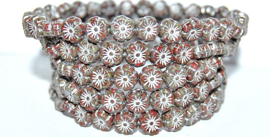 Hawaii Flower Pressed Glass Beads, Opaque Red Travertin 54201 (93200 86800 54201), Glass, Czech Republic