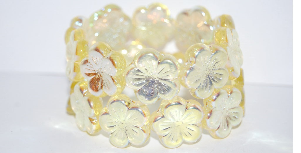 Round Flower Hibiskus Pressed Glass Beads, Transparent Yellow Ab2X (80120 Ab2X), Glass, Czech Republic