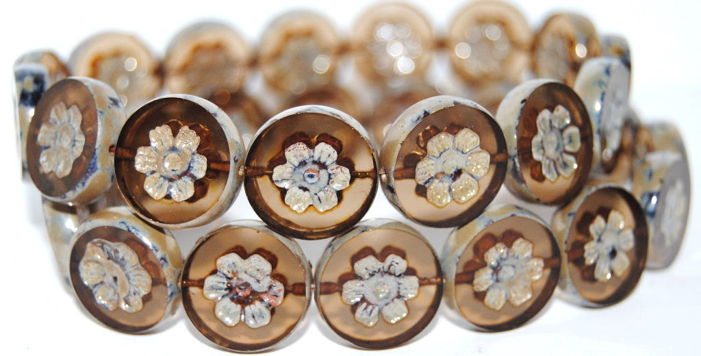 Table Cut Round Beads With Flower, Transparent Brown 43400 (10200 43400), Glass, Czech Republic