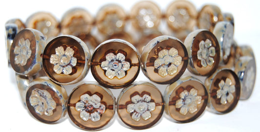 Table Cut Round Beads With Flower, Transparent Brown 43400 (10200 43400), Glass, Czech Republic