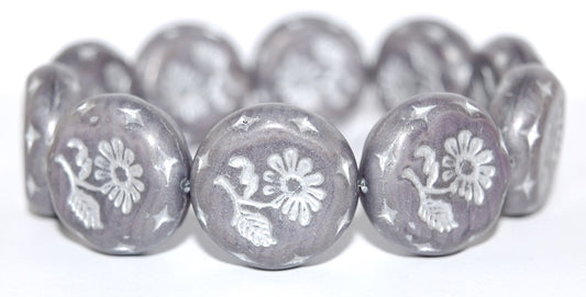 Round Flat With Flower Marguerite Pressed Glass Beads, (26016 54201), Glass, Czech Republic