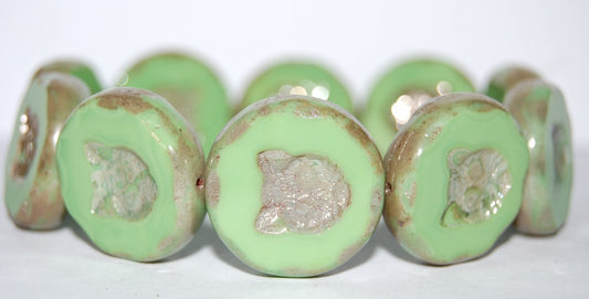 Table Cut Round Beads With Cat, Opaque Green 43400 (53300 43400), Glass, Czech Republic