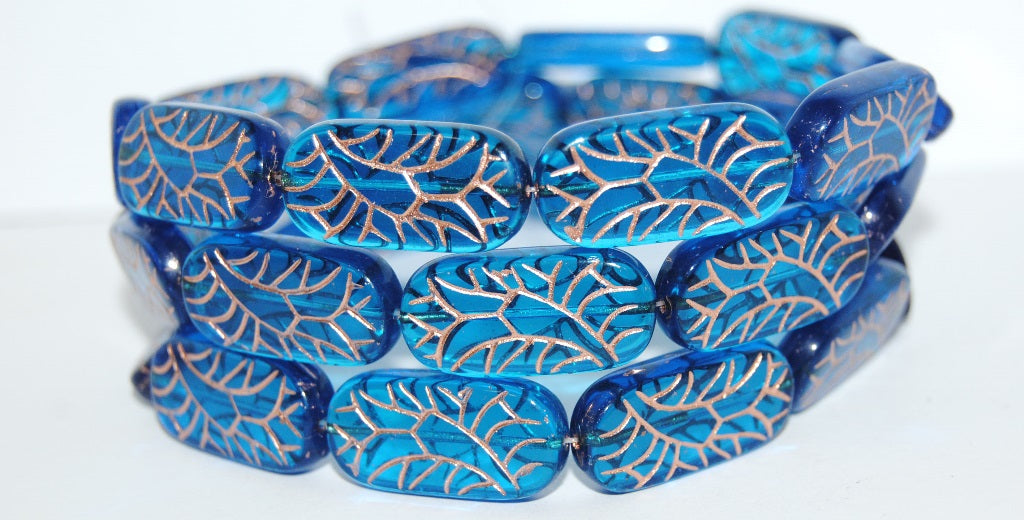 Rectangle With Ornament Pressed Glass Beads, Transparent Aqua 54200 (60050 54200), Glass, Czech Republic