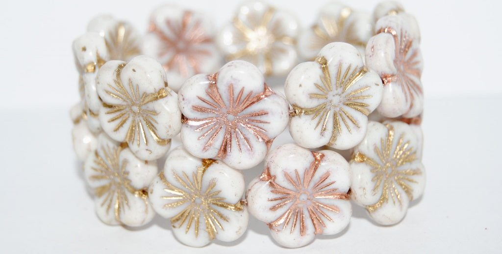 Round Flower Hibiskus Pressed Glass Beads, Beige 54200 202 Mixed Colors (84000 54200 202 Mix), Glass, Czech Republic