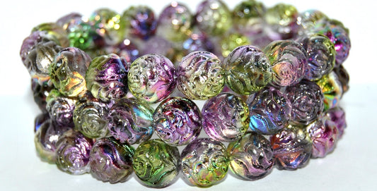 Round Rose Pressed Glass Beads, Crystal Green Purple (30 95000), Glass, Czech Republic