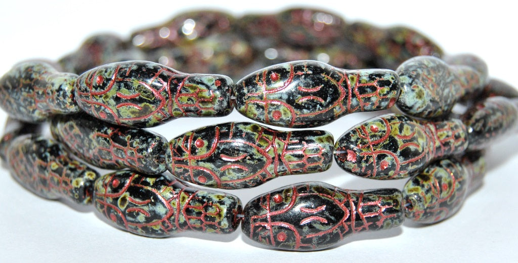 Snake Head Pressed Glass Beads, Black Travertin 43806 Metalic (23980 86800 43806 Metalic), Glass, Czech Republic