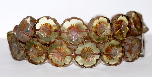 Table Cut Round Beads Hawaii Flowers, Transparent Yellow 43400 (80130 43400), Glass, Czech Republic