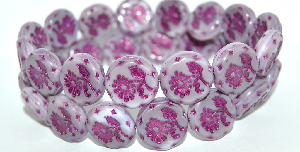 Round Flat With Flower Marguerite Pressed Glass Beads, (7224 54321), Glass, Czech Republic