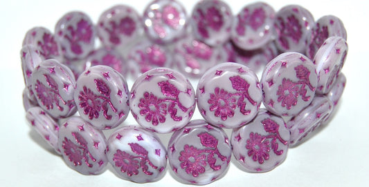 Round Flat With Flower Marguerite Pressed Glass Beads, (7224 54321), Glass, Czech Republic