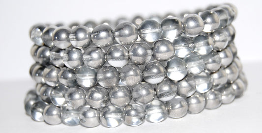 Round Pressed Glass Beads Druck, Transparent Blue Crystal Silver Half Coating (30010 27001), Glass, Czech Republic