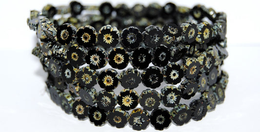 Table Cut Round Beads Hawaii Flowers, Black 66800 (23980 66800), Glass, Czech Republic