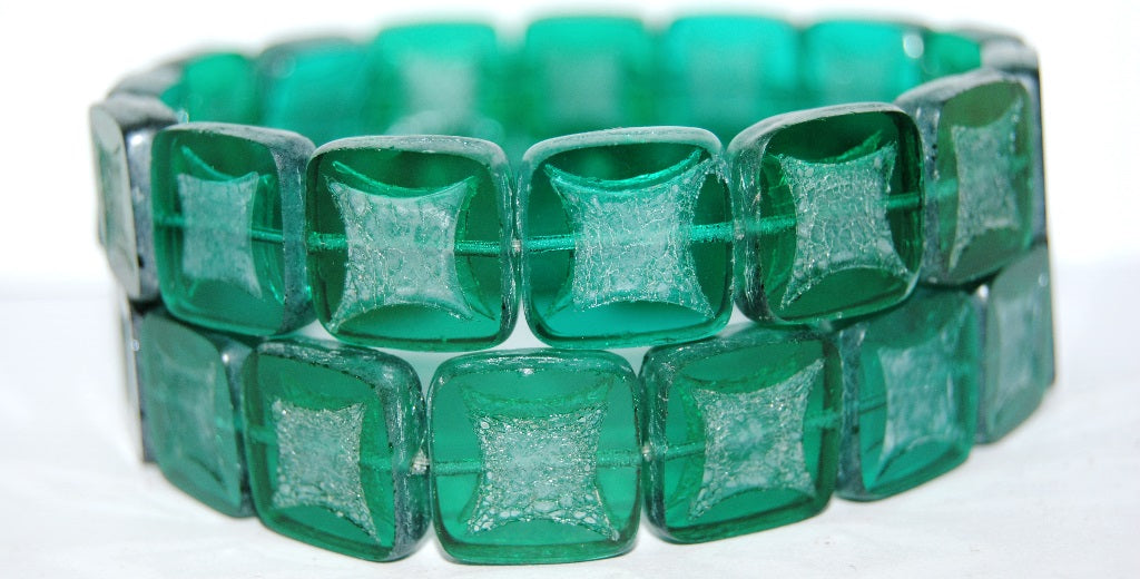 Table Cut Square Beads With Square, Transparent Green Emerald Luster Cream (50710 14401), Glass, Czech Republic