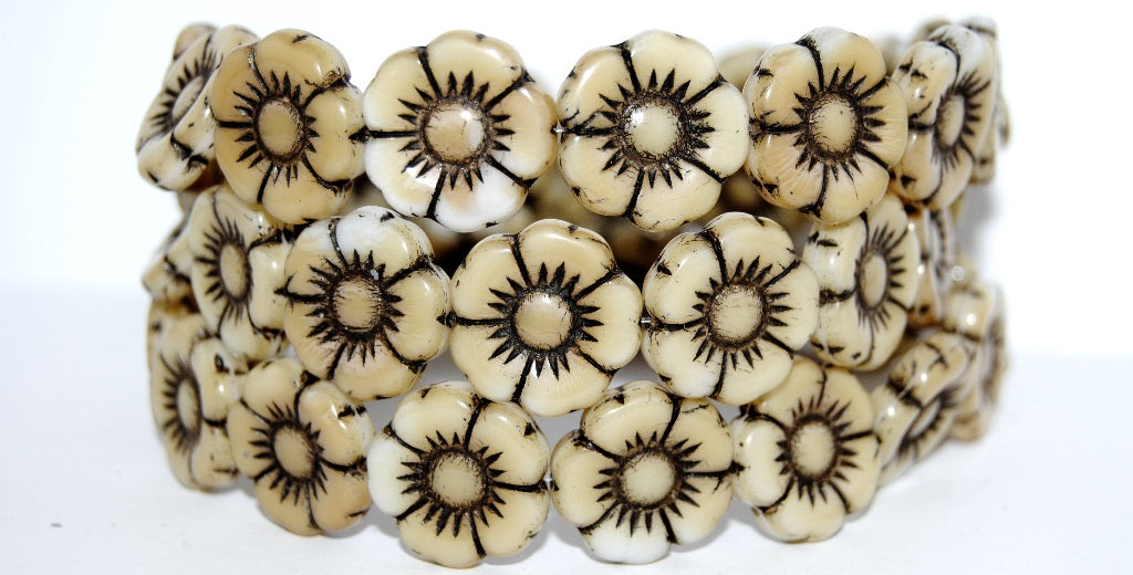 Round Flat Flower Pressed Glass Beads, Dark Beige 23202 (7193 23202), Glass, Czech Republic