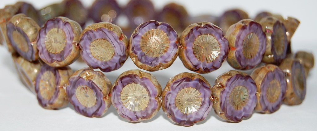 Table Cut Round Beads Hawaii Flowers, M26016 Travertin (M26016 86800), Glass, Czech Republic