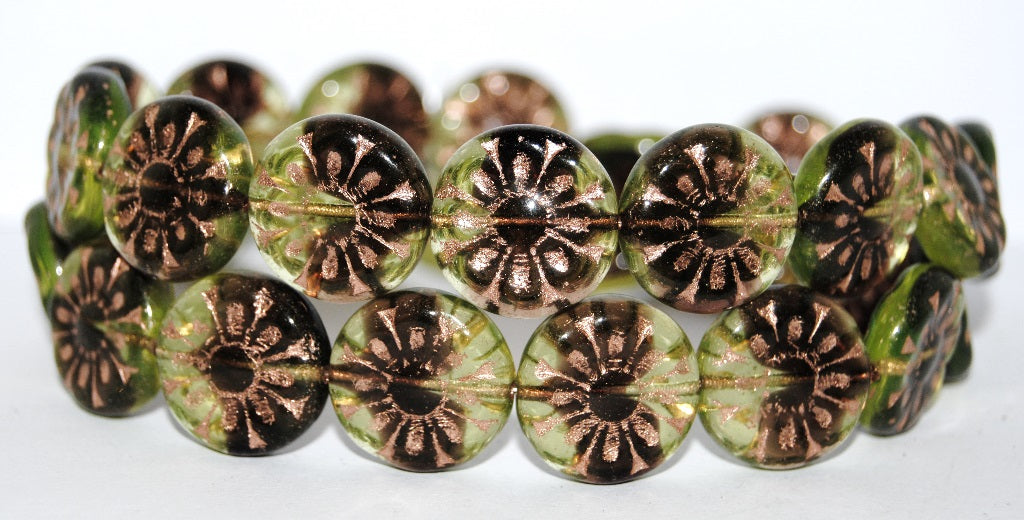 Flat Round With Flower Pressed Glass Beads, (27501 54200), Glass, Czech Republic