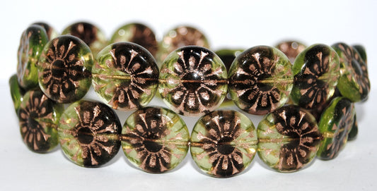 Flat Round With Flower Pressed Glass Beads, (27501 54200), Glass, Czech Republic