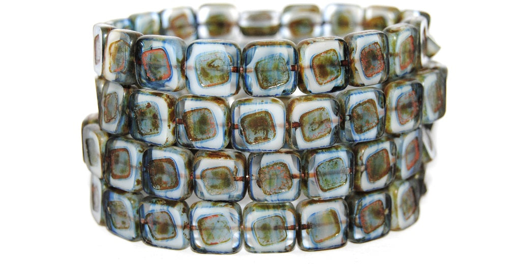 Table Cut Square Beads With Turned Square, Light Blue White Delay Travertin (65016 86800), Glass, Czech Republic