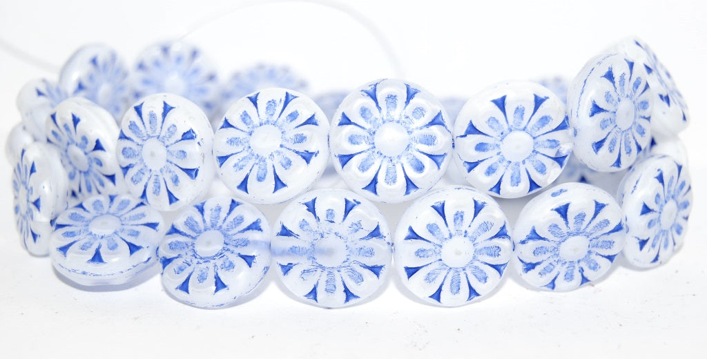 Flat Round With Flower Pressed Glass Beads, White 33202 (2010 33202), Glass, Czech Republic