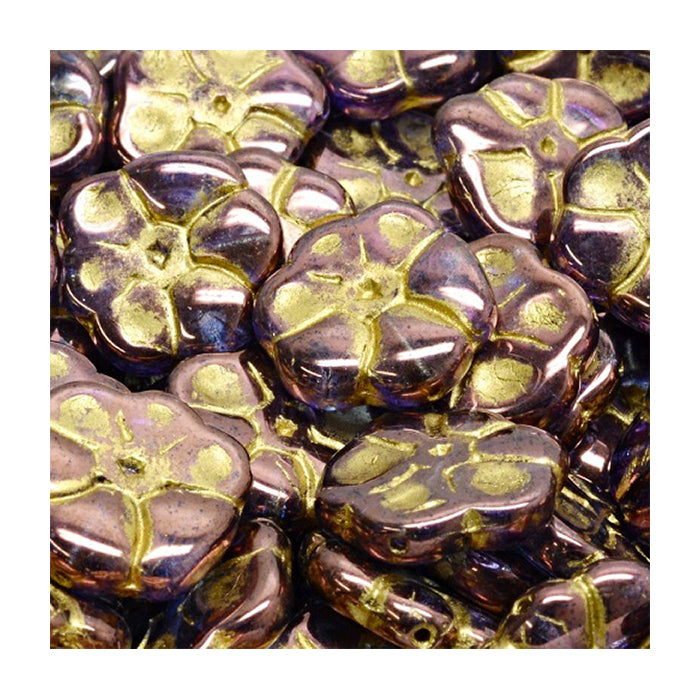 Pressed Czech glass beads flower primrose Violet Gold Glass Czech Republic