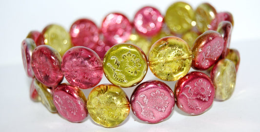 Round Flat With Flower Marguerite Pressed Glass Beads, 48201 (48201), Glass, Czech Republic