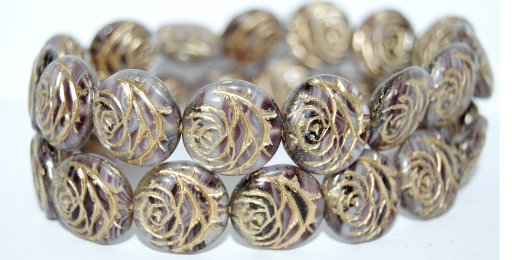 Round Flat Rose Flower Pressed Glass Beads, Bright Amethyst White Delay 54202 (25016 54202), Glass, Czech Republic