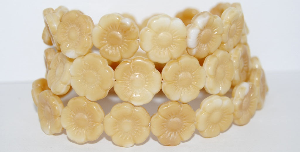 Round Flat Flower Pressed Glass Beads, Dark Beige (7193), Glass, Czech Republic