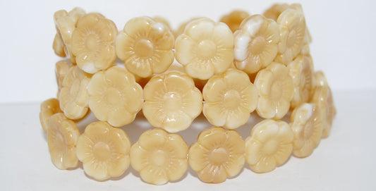 Round Flat Flower Pressed Glass Beads, Dark Beige (7193), Glass, Czech Republic