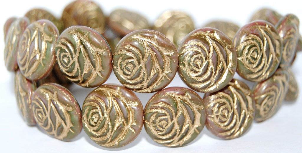Round Flat Rose Flower Pressed Glass Beads, (77553 54202), Glass, Czech Republic