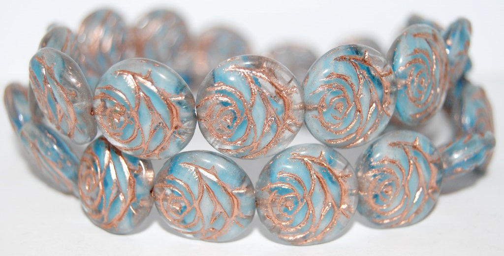 Round Flat Rose Flower Pressed Glass Beads, Light Blue White Delay 54200 (65016 54200), Glass, Czech Republic