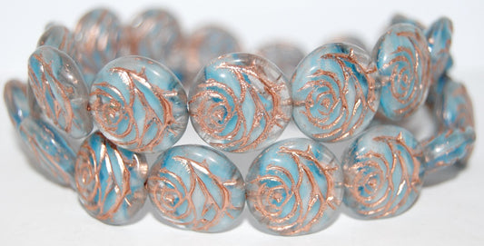 Round Flat Rose Flower Pressed Glass Beads, Light Blue White Delay 54200 (65016 54200), Glass, Czech Republic