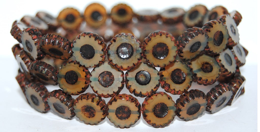 Table Cut Round Flower Beads Daisy, Opal Orange Travertin (11000 86800), Glass, Czech Republic