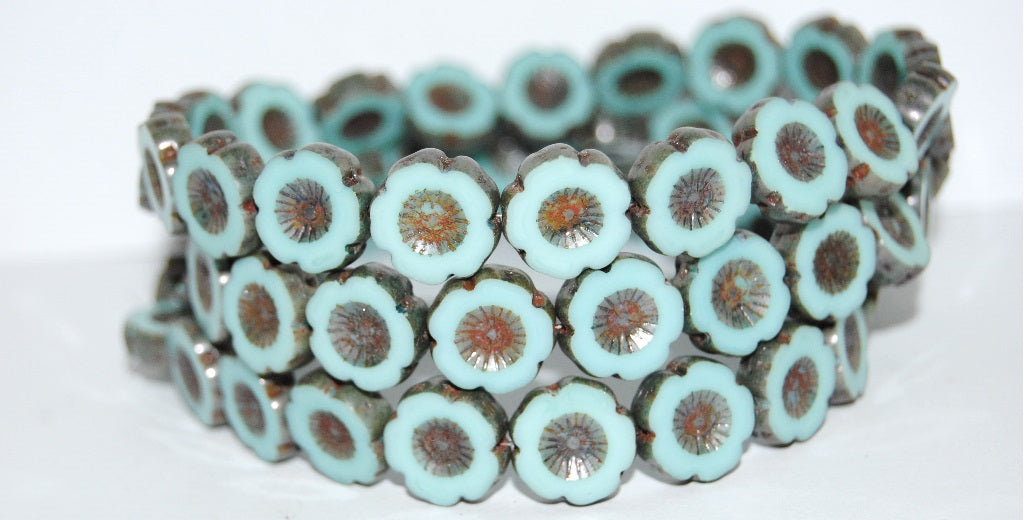 Table Cut Round Beads Hawaii Flowers, Turquise Senegal Blue (63110 15664), Glass, Czech Republic