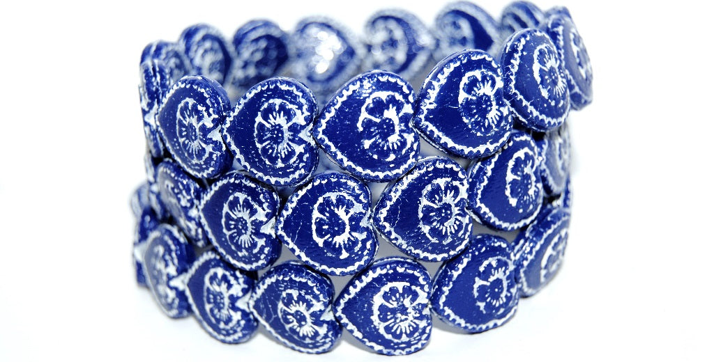 Heart With Flower Pressed Glass Beads, Opaque Blue 46401 (33070 46401), Glass, Czech Republic