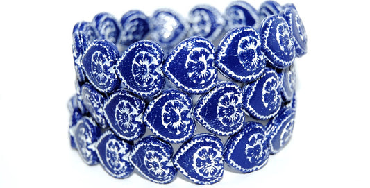 Heart With Flower Pressed Glass Beads, Opaque Blue 46401 (33070 46401), Glass, Czech Republic