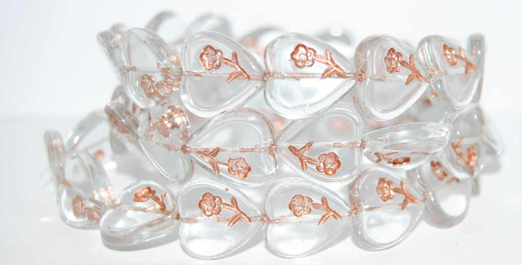 Heart Pressed Glass Beads With Flower, Transparent Blue 54200 (30010 54200), Glass, Czech Republic