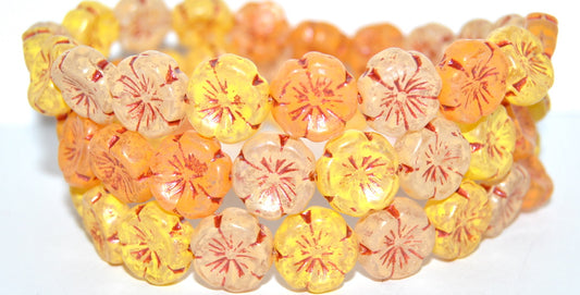 Hawaii Flower Pressed Glass Beads, Yellow Mixed Colors Lava 43806 Metalic (Yellow Mix Lava 43806 Metalic), Glass, Czech Republic