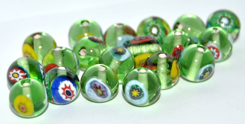 Czech Glass Hand Made Round Lampwork Beads With Flower, (D), Glass, Czech Republic