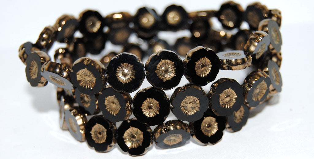 Table Cut Round Beads Hawaii Flowers, Black 90215Gold (23980 90215Gold), Glass, Czech Republic