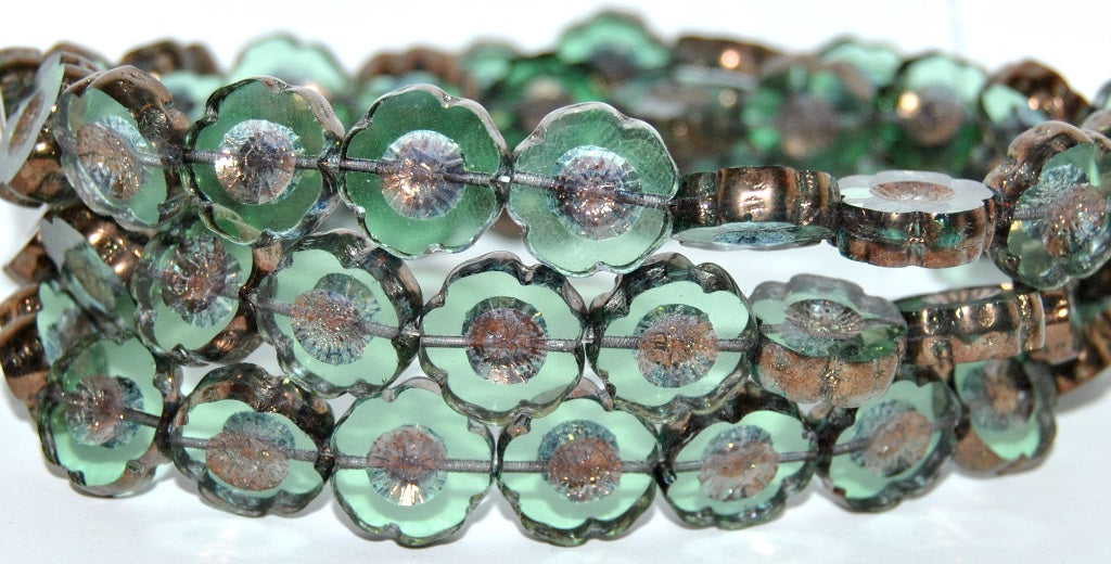 Table Cut Round Beads Hawaii Flowers, Transparent Green Bronze (50500 14415), Glass, Czech Republic